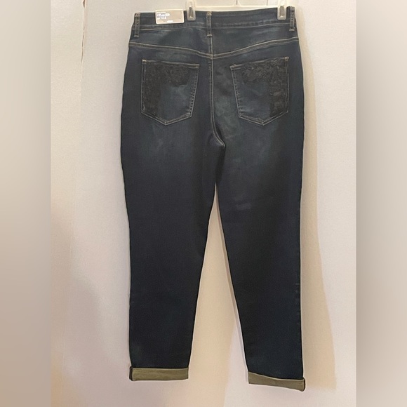 Chicos Size 1 Reg.Platinum Relaxed Ankle Dark Wash Beaded Lace Jeans, US Size 8 - Picture 4 of 11